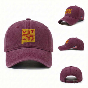 New Mexico State Map Zia Symbol Famous Icons Washed Cotton Baseball Cap TS14 Washed Cap Universal Fit Burgundy Print Your Wear