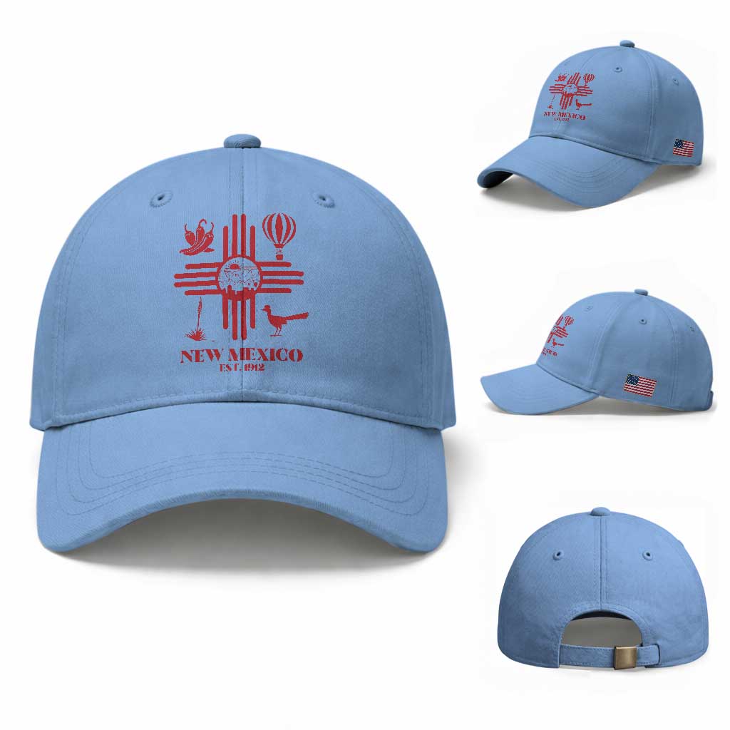 New Mexico Flag Zia Sun Souvenir Baseball Cap New Mexico Zia Chiles Balloon Roadrunner Yucca TS14 Baseball Cap Universal Fit Light Blue Print Your Wear
