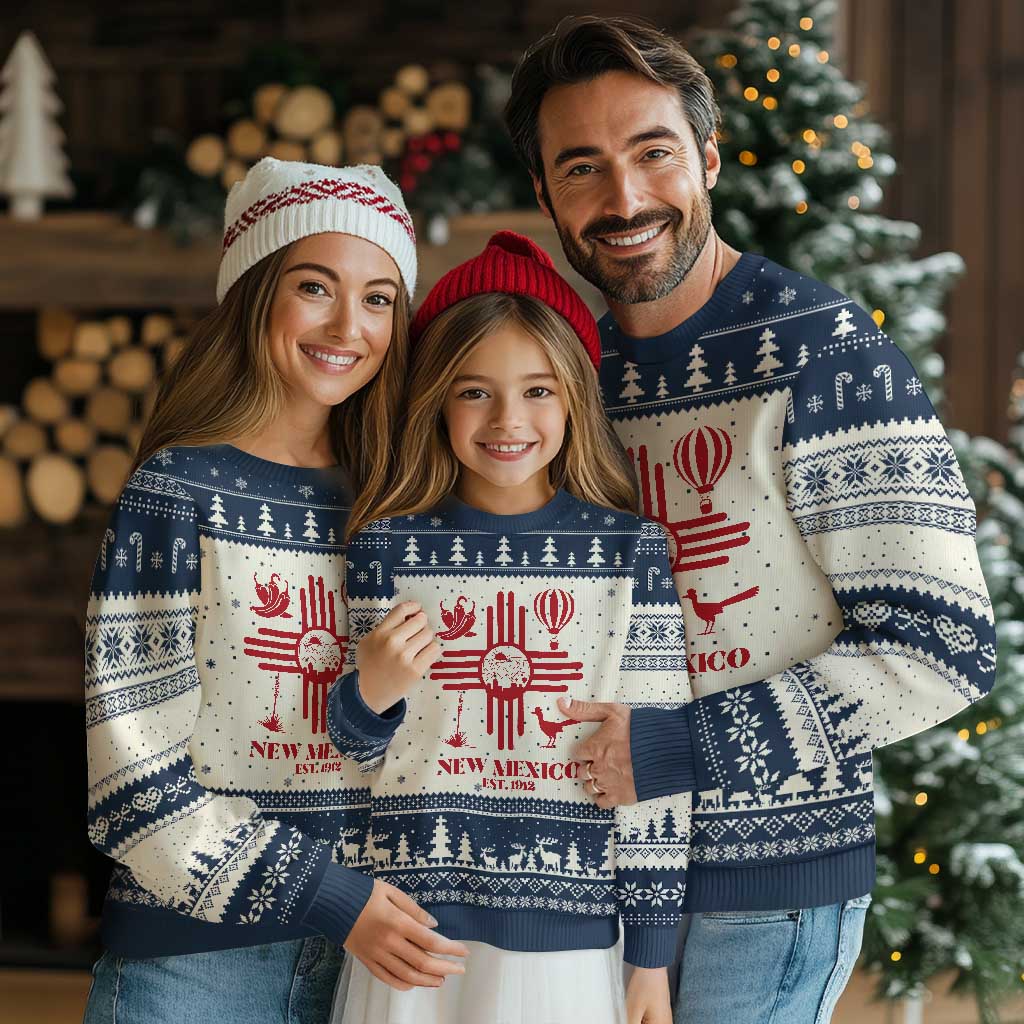New Mexico Flag Zia Sun Souvenir Ugly Christmas Sweater New Mexico Zia Chiles Balloon Roadrunner Yucca TS14 Beige Navy Print Your Wear