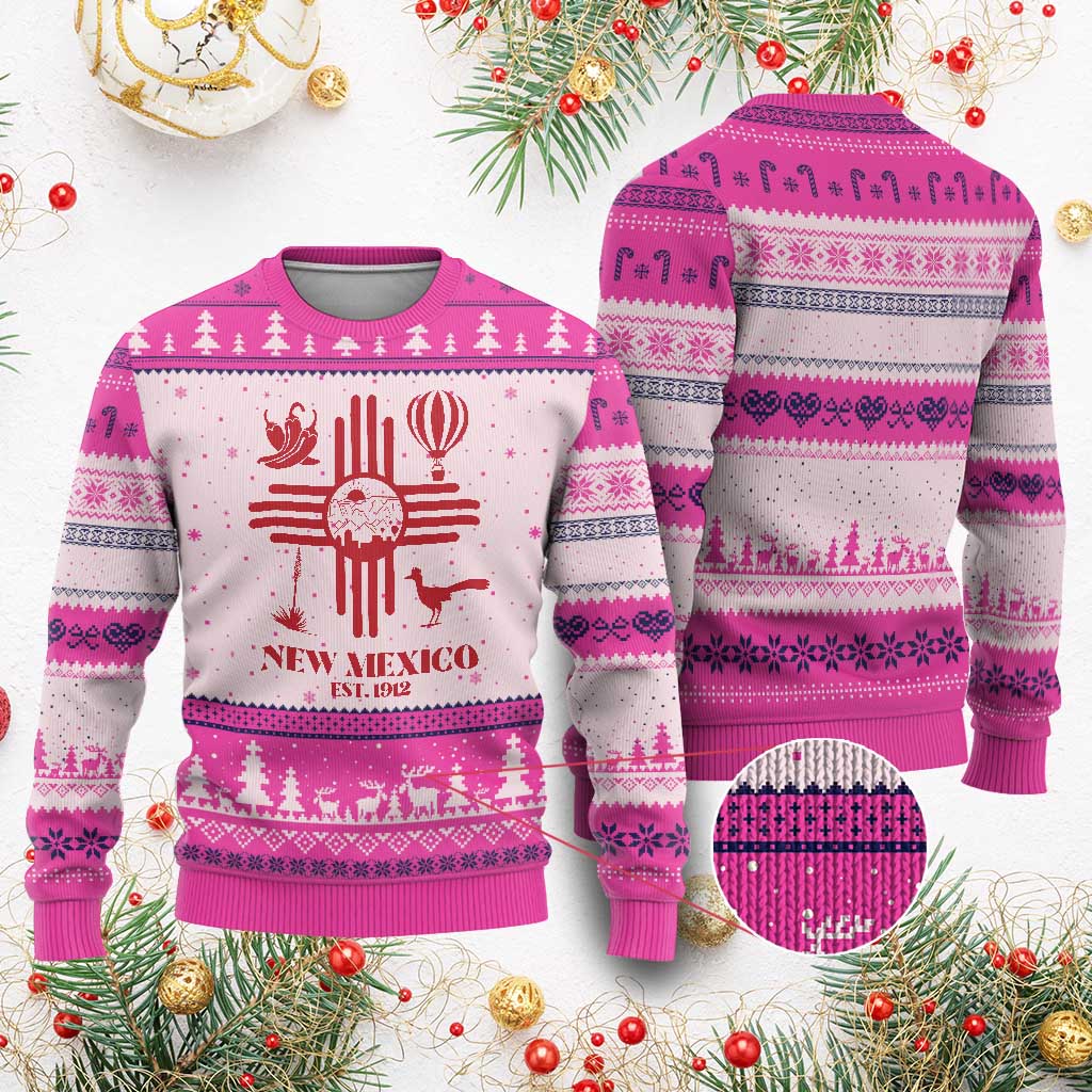New Mexico Flag Zia Sun Souvenir Ugly Christmas Sweater New Mexico Zia Chiles Balloon Roadrunner Yucca TS14 Hot Pink Print Your Wear