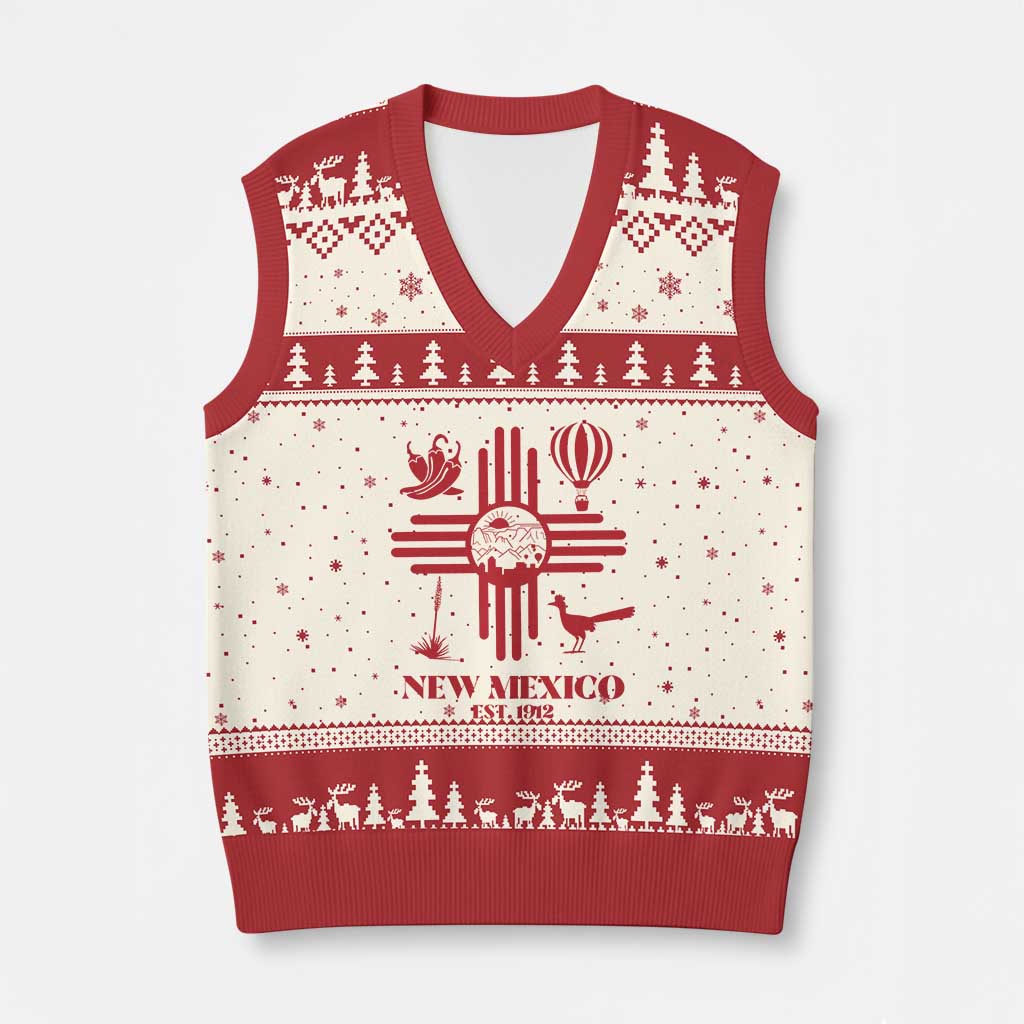 New Mexico Flag Zia Sun Souvenir V-Neck Knit Sweater Vest New Mexico Zia Chiles Balloon Roadrunner Yucca TS14 Beige Red Print Your Wear