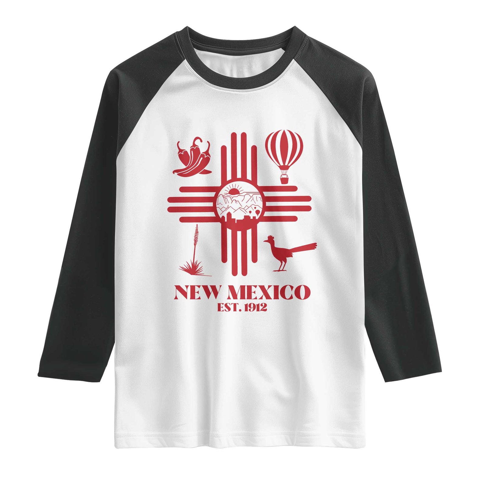 New Mexico Flag Zia Sun Souvenir Raglan Shirt New Mexico Zia Chiles Balloon Roadrunner Yucca TS14 White Black Print Your Wear