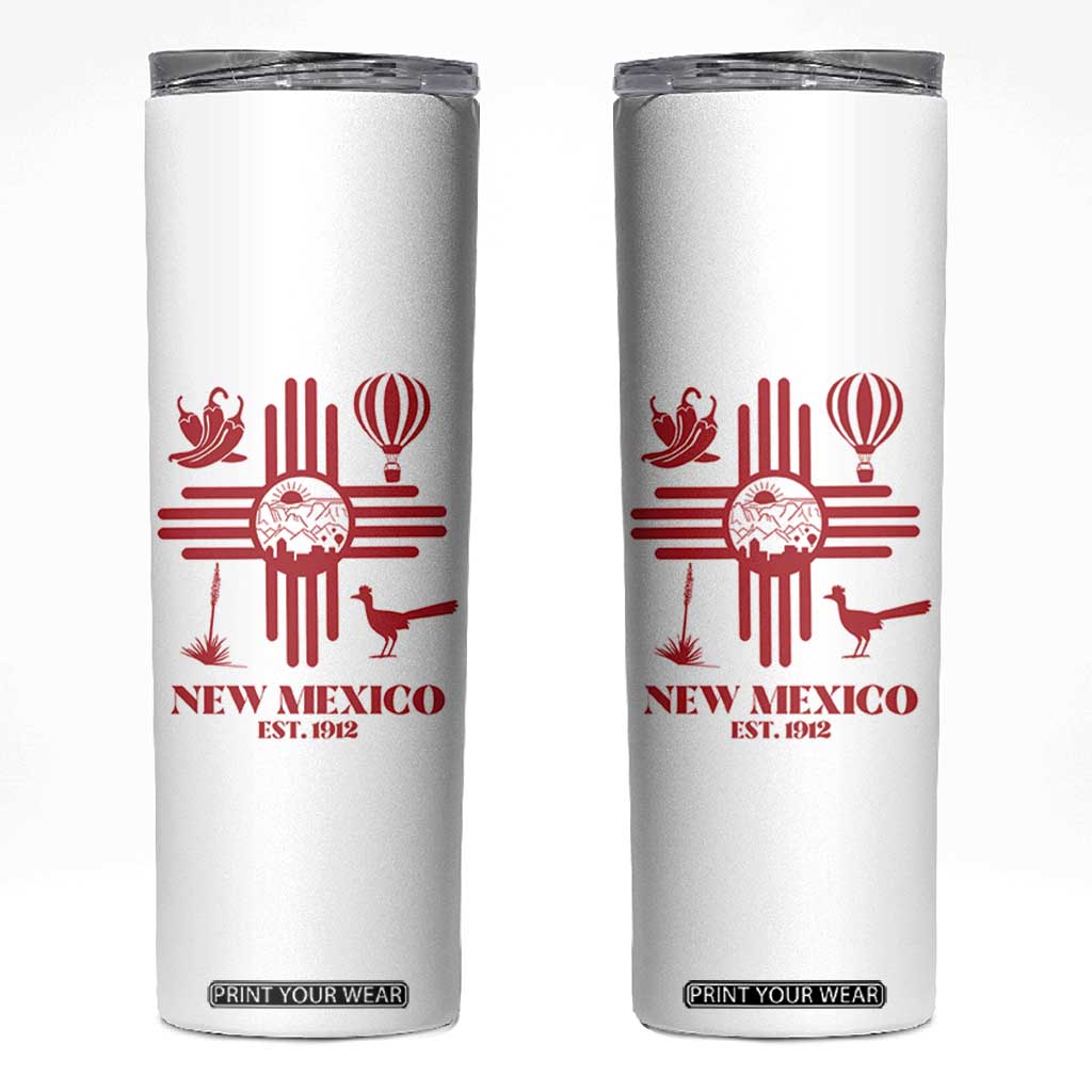 New Mexico Flag Zia Sun Souvenir Skinny Tumbler New Mexico Zia Chiles Balloon Roadrunner Yucca TS14 White Print Your Wear
