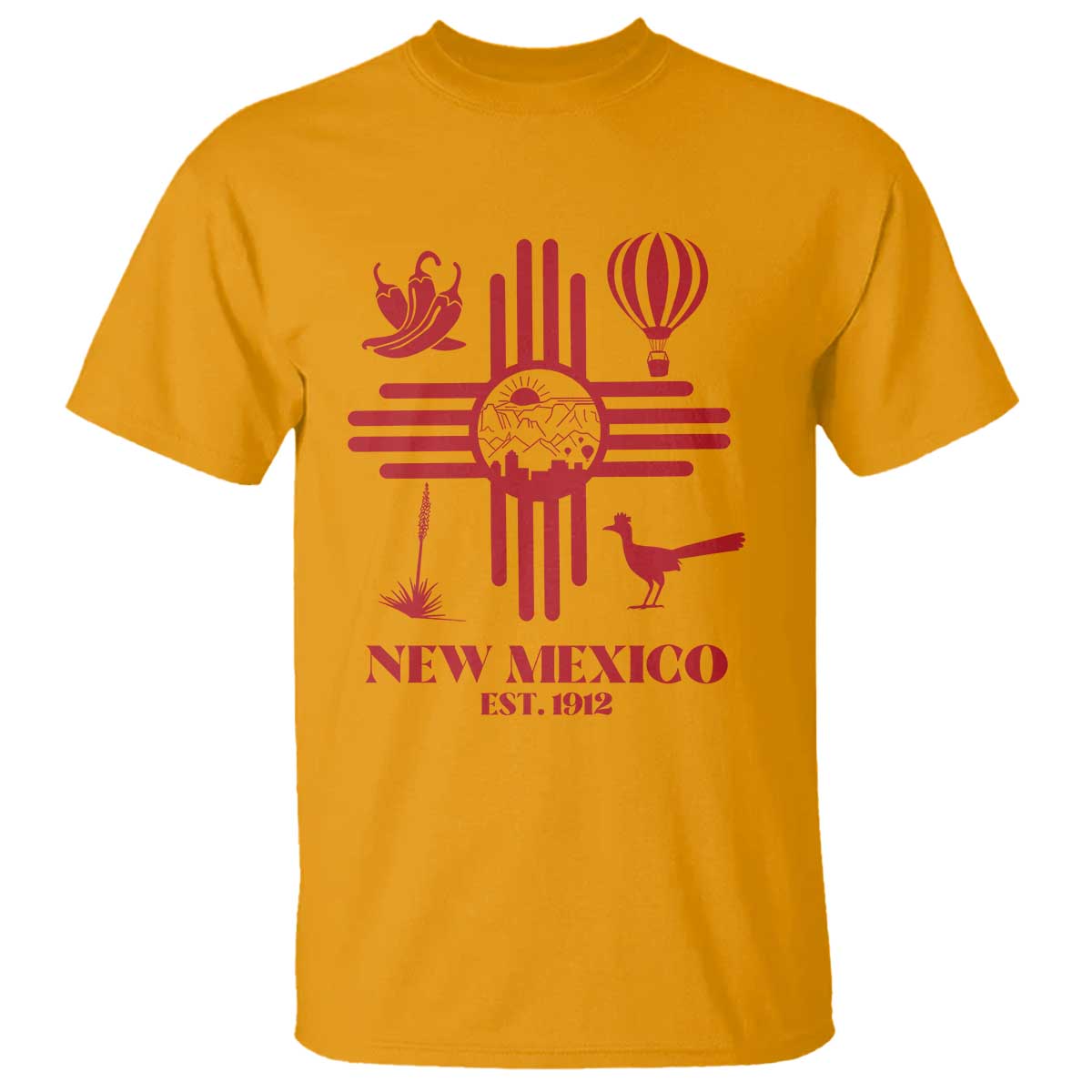 New Mexico Flag Zia Sun Souvenir T Shirt New Mexico Zia Chiles Balloon Roadrunner Yucca TS14 Gold Print Your Wear