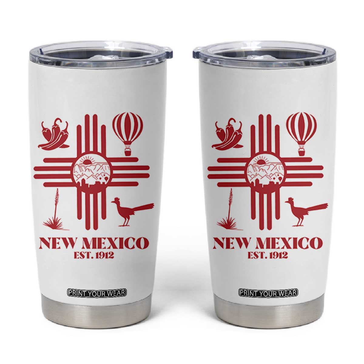 New Mexico Flag Zia Sun Souvenir Tumbler Cup New Mexico Zia Chiles Balloon Roadrunner Yucca TS14 White Print Your Wear