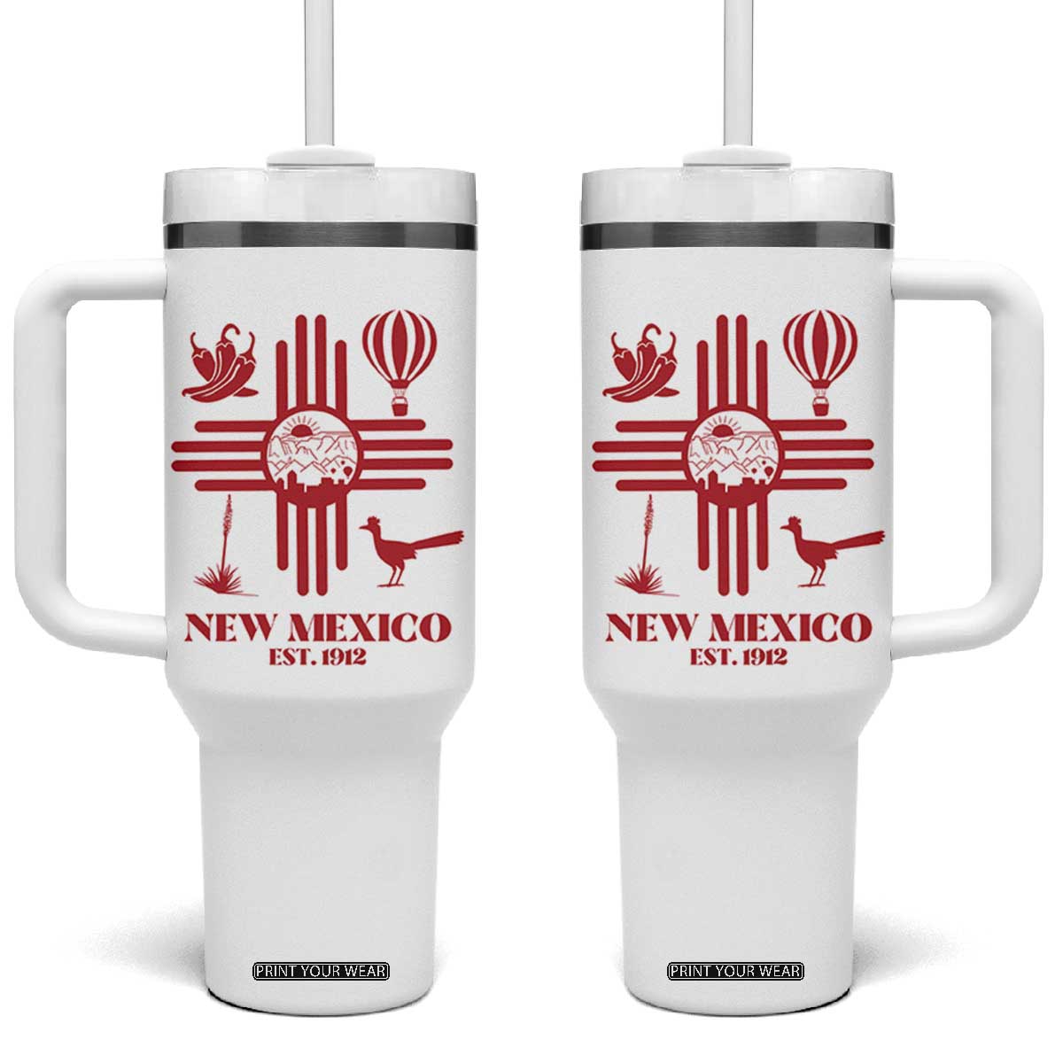 New Mexico Flag Zia Sun Souvenir Tumbler With Handle New Mexico Zia Chiles Balloon Roadrunner Yucca TS14 One Size: 40 oz White Print Your Wear