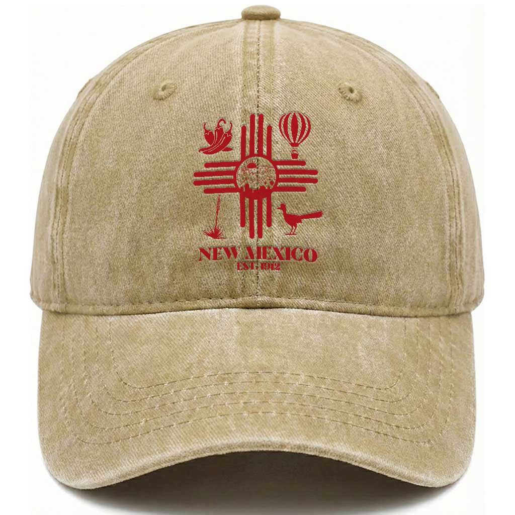 New Mexico Flag Zia Sun Souvenir Washed Cotton Baseball Cap New Mexico Zia Chiles Balloon Roadrunner Yucca TS14 Print Your Wear