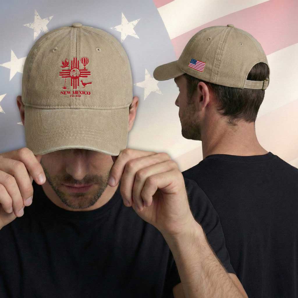 New Mexico Flag Zia Sun Souvenir Washed Cotton Baseball Cap New Mexico Zia Chiles Balloon Roadrunner Yucca TS14 Print Your Wear