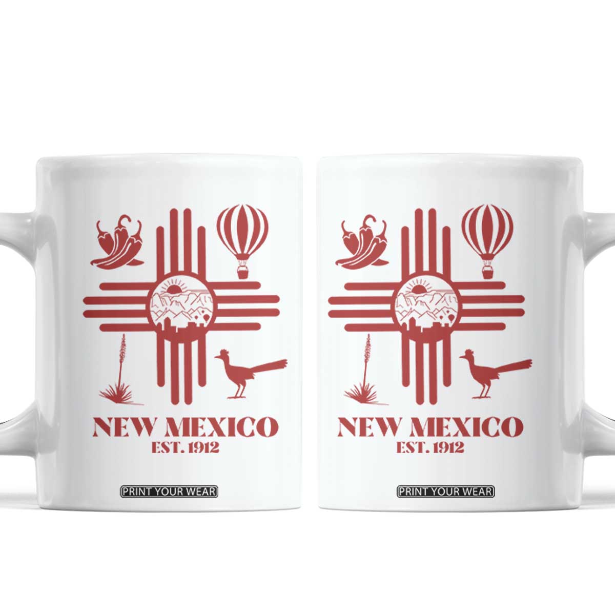 New Mexico Flag Zia Sun Souvenir Coffee Mug New Mexico Zia Chiles Balloon Roadrunner Yucca TS14 White Print Your Wear