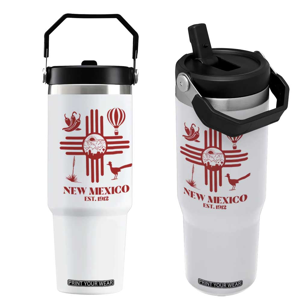 New Mexico Flag Zia Sun Souvenir Flip Straw Tumbler New Mexico Zia Chiles Balloon Roadrunner Yucca TS14 One Size: 30 oz White Print Your Wear