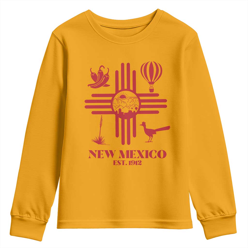 New Mexico Flag Zia Sun Souvenir Youth Sweatshirt New Mexico Zia Chiles Balloon Roadrunner Yucca TS14 Gold Print Your Wear