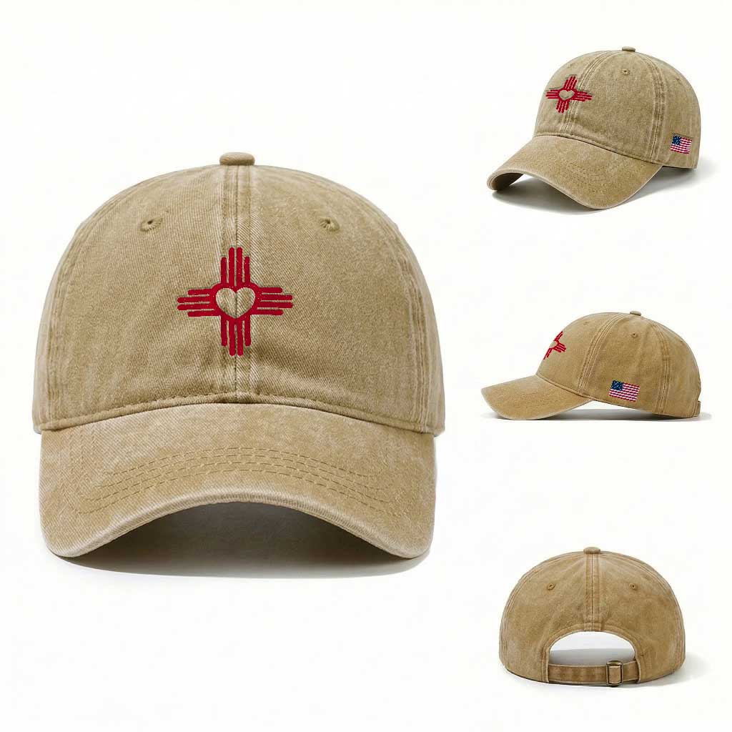 Zia Heart Symbol New Mexico Flag Shirt New Mexican Pride Washed Cotton Baseball Cap TS14 Washed Cap Universal Fit Khaki Print Your Wear