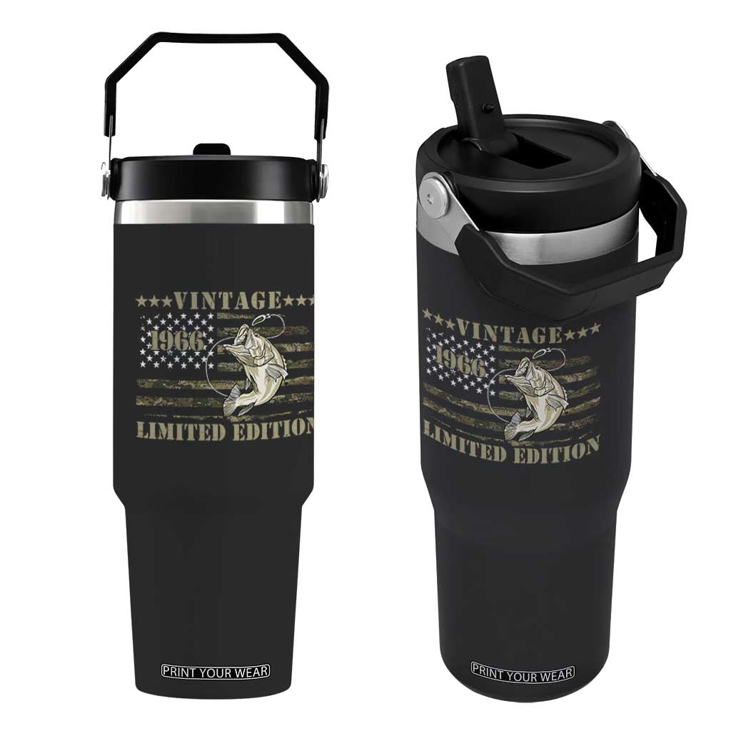 60th Birthday Fishing Vintage 1966 Limited Edition Flip Straw Tumbler Bass Fishing Camouflage American Flag Fisherman Gift