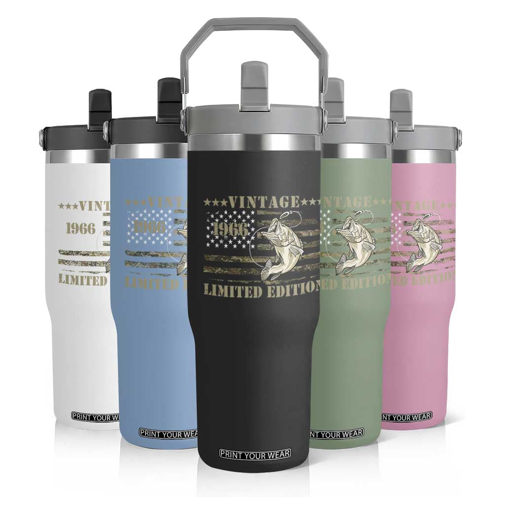 60th Birthday Fishing Vintage 1966 Limited Edition Flip Straw Tumbler Bass Fishing Camouflage American Flag Fisherman Gift