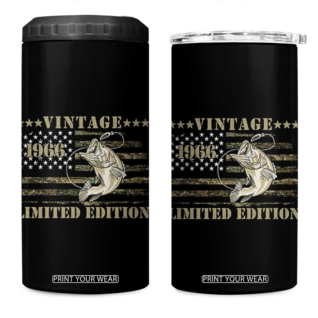 60th Birthday Fishing Vintage 1966 Limited Edition 4 in 1 Can Cooler Tumbler Bass Fishing Camouflage American Flag Fisherman Gift