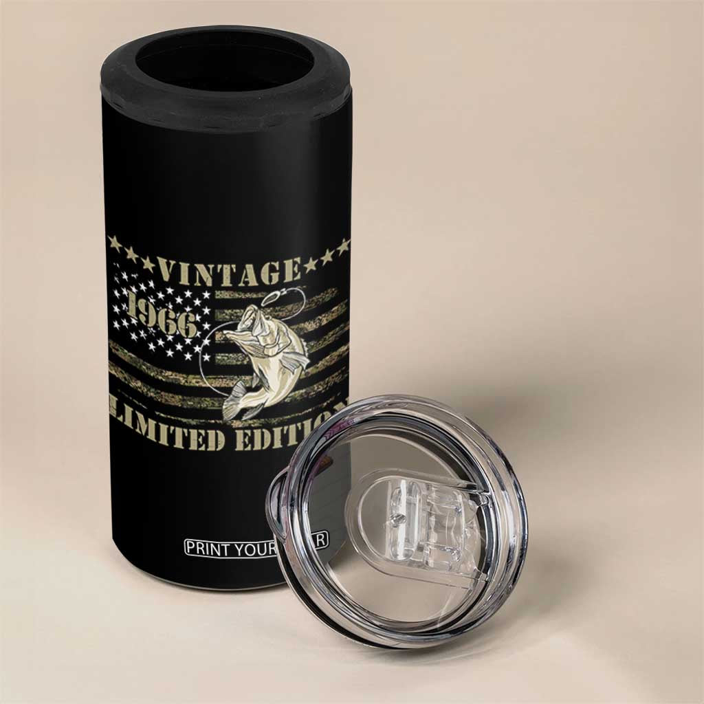 60th Birthday Fishing Vintage 1966 Limited Edition 4 in 1 Can Cooler Tumbler Bass Fishing Camouflage American Flag Fisherman Gift