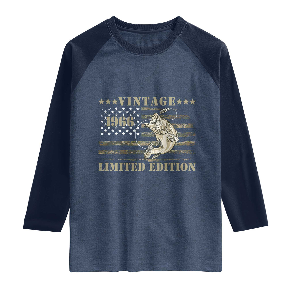 60th Birthday Fishing Vintage 1966 Limited Edition Raglan Shirt Bass Fishing Camouflage American Flag Fisherman Gift