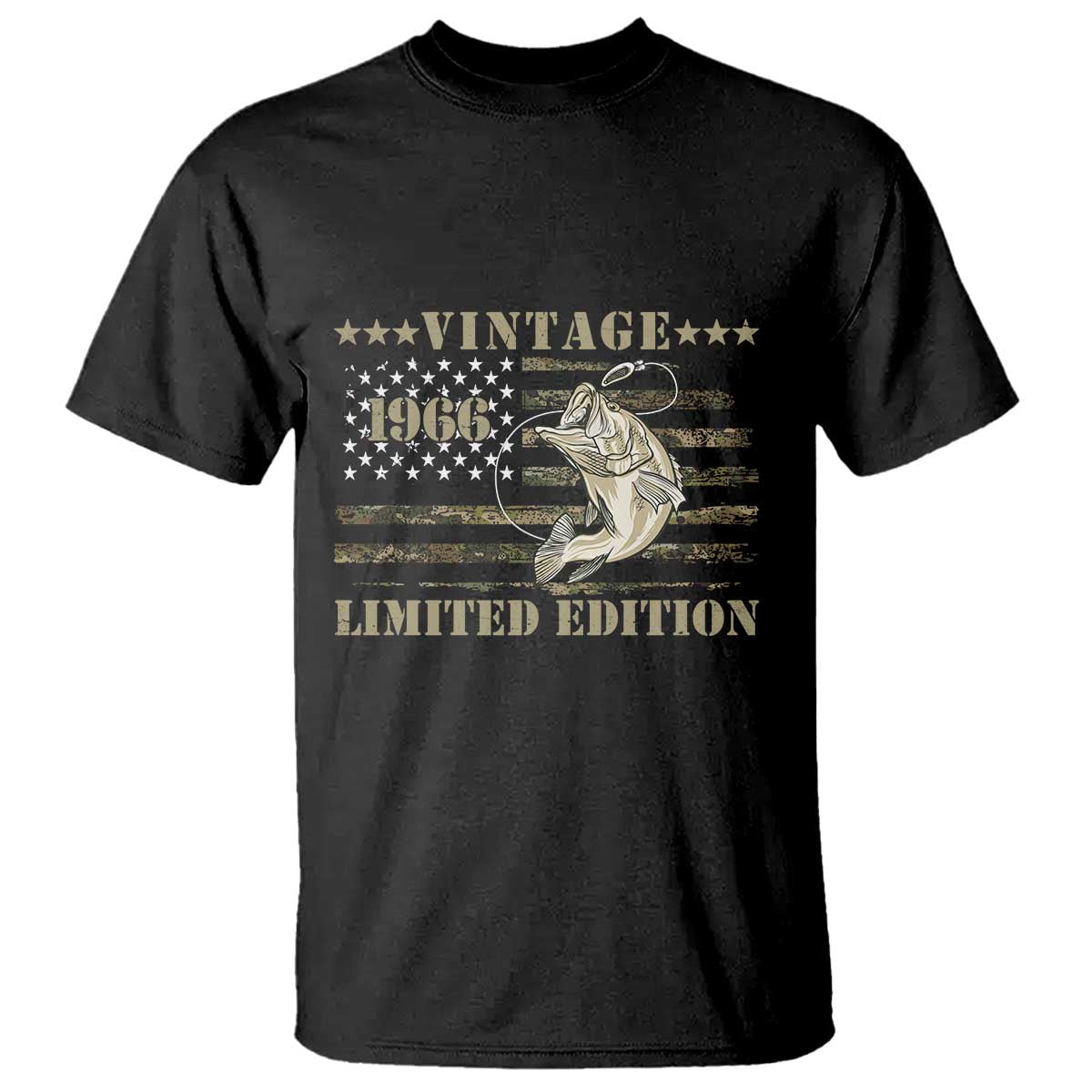 60th Birthday Fishing Vintage 1966 Limited Edition T Shirt Bass Fishing Camouflage American Flag Fisherman Gift TS14 Black Print Your Wear