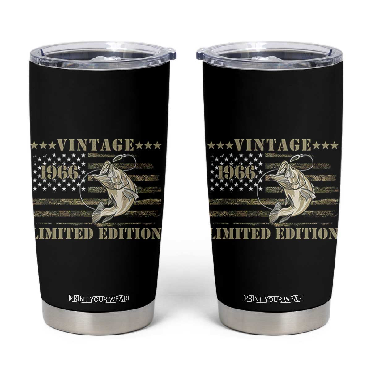 60th Birthday Fishing Vintage 1966 Limited Edition Tumbler Cup Bass Fishing Camouflage American Flag Fisherman Gift