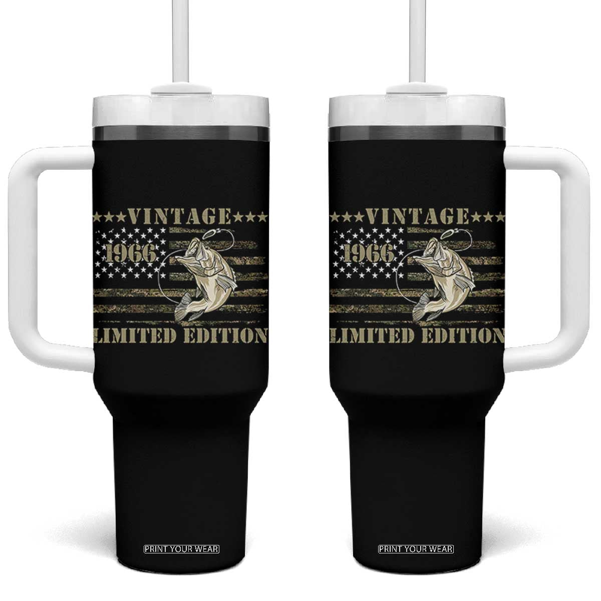 60th Birthday Fishing Vintage 1966 Limited Edition Tumbler With Handle Bass Fishing Camouflage American Flag Fisherman Gift