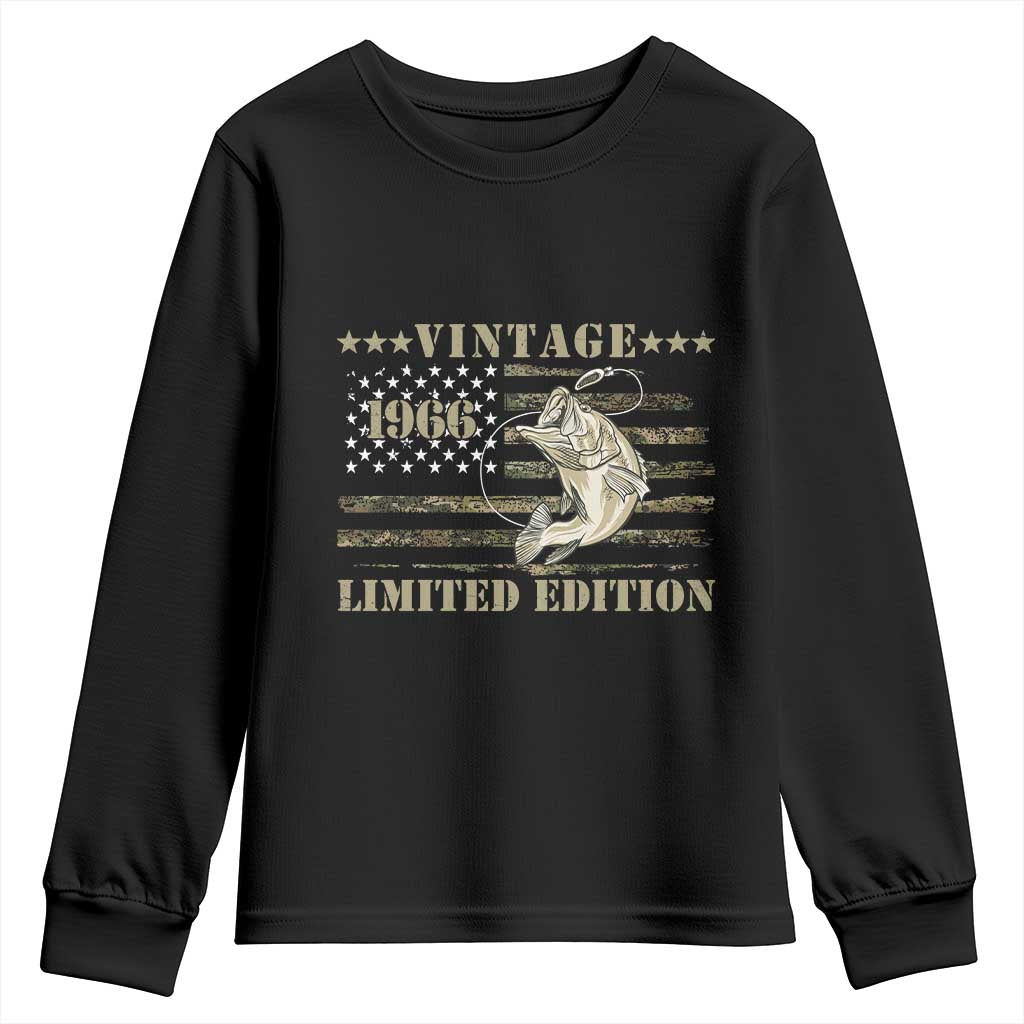 60th Birthday Fishing Vintage 1966 Limited Edition Youth Sweatshirt Bass Fishing Camouflage American Flag Fisherman Gift