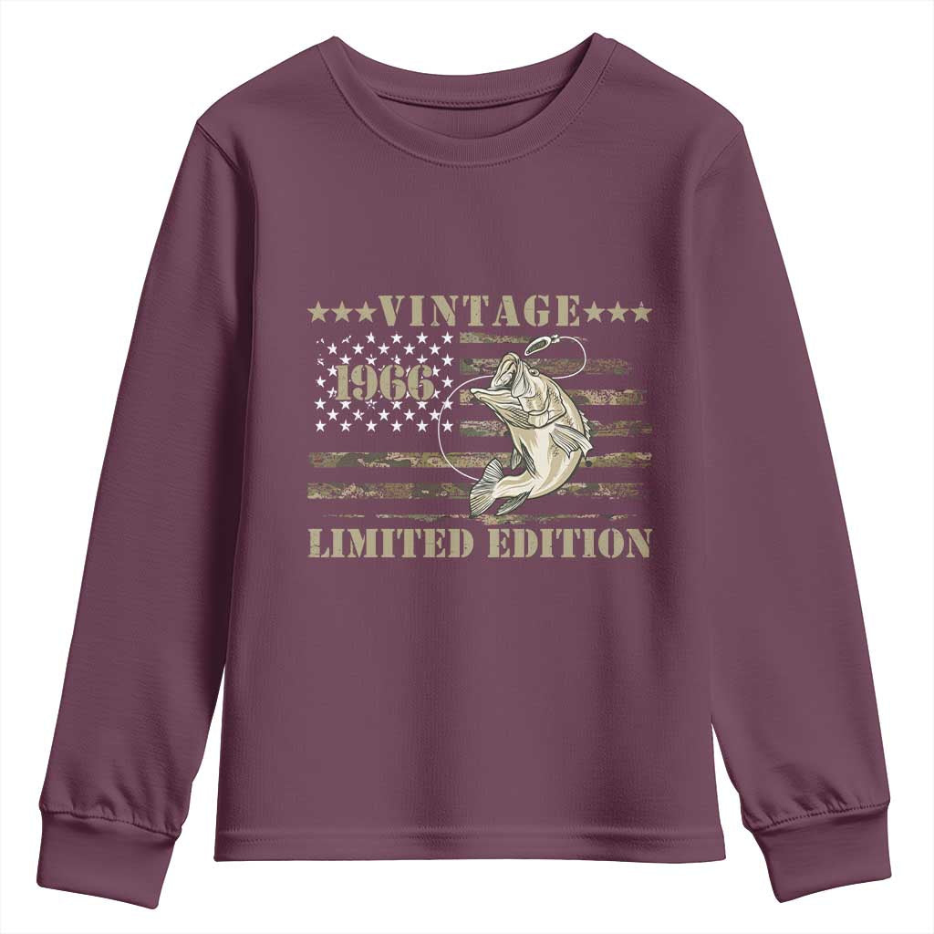 60th Birthday Fishing Vintage 1966 Limited Edition Youth Sweatshirt Bass Fishing Camouflage American Flag Fisherman Gift