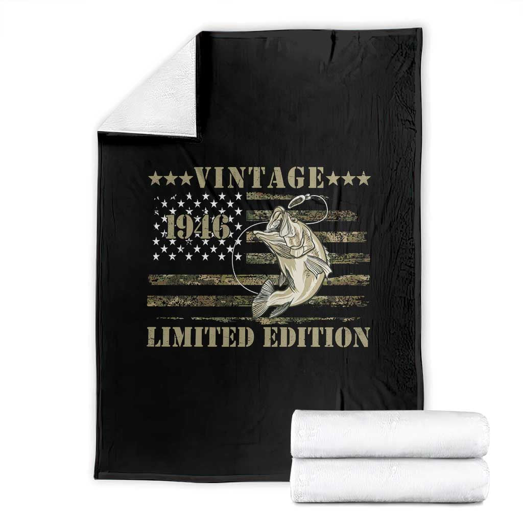 80th Birthday Fishing Vintage 1946 Limited Edition Throw Blanket Bass Fishing Camouflage American Flag Fisherman Gift TS14 Black Print Your Wear