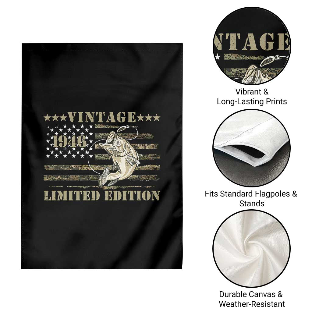 80th Birthday Fishing Vintage 1946 Limited Edition Garden Flag Bass Fishing Camouflage American Flag Fisherman Gift