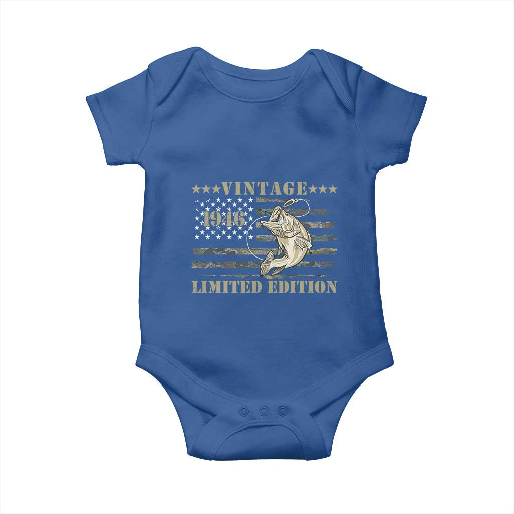 80th Birthday Fishing Vintage 1946 Limited Edition Baby Onesie Bass Fishing Camouflage American Flag Fisherman Gift