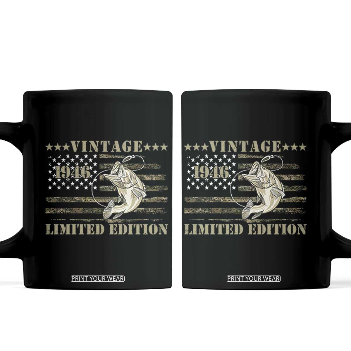 80th Birthday Fishing Vintage 1946 Limited Edition Coffee Mug Bass Fishing Camouflage American Flag Fisherman Gift