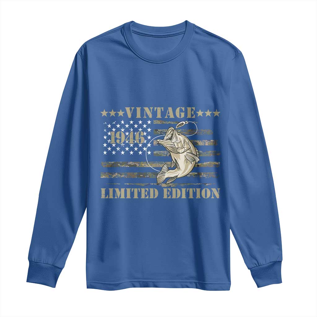 80th Birthday Fishing Vintage 1946 Limited Edition Long Sleeve Shirt Bass Fishing Camouflage American Flag Fisherman Gift