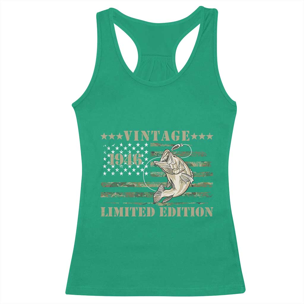 80th Birthday Fishing Vintage 1946 Limited Edition Racerback Tank Top Bass Fishing Camouflage American Flag Fisherman Gift