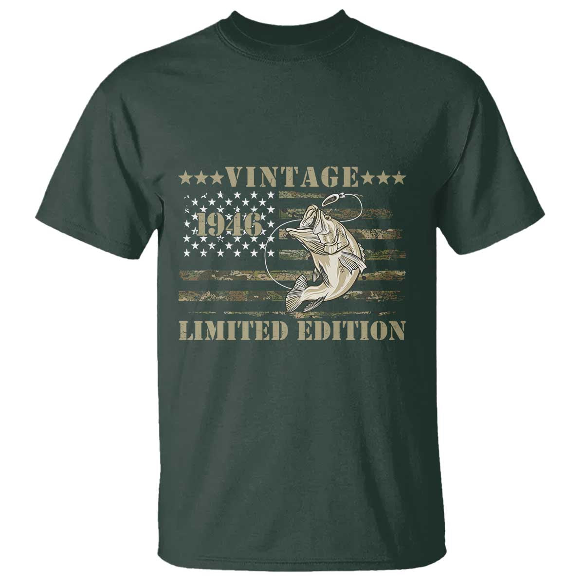 80th Birthday Fishing Vintage 1946 Limited Edition T Shirt Bass Fishing Camouflage American Flag Fisherman Gift