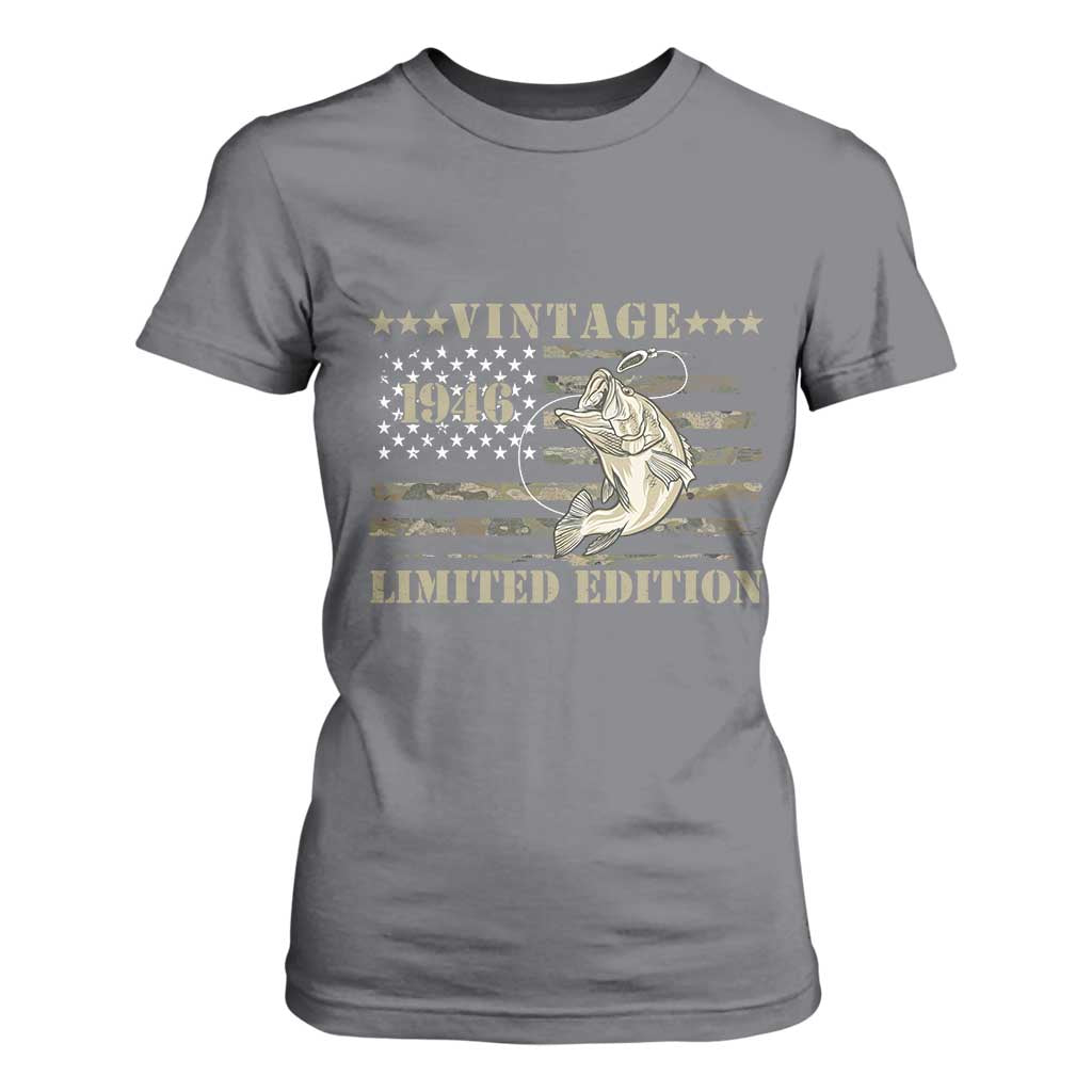 80th Birthday Fishing Vintage 1946 Limited Edition T Shirt For Women Bass Fishing Camouflage American Flag Fisherman Gift