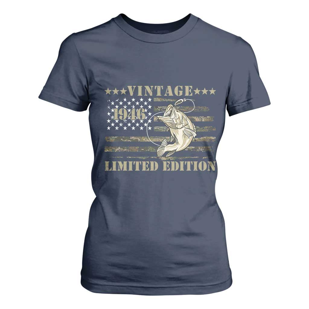 80th Birthday Fishing Vintage 1946 Limited Edition T Shirt For Women Bass Fishing Camouflage American Flag Fisherman Gift