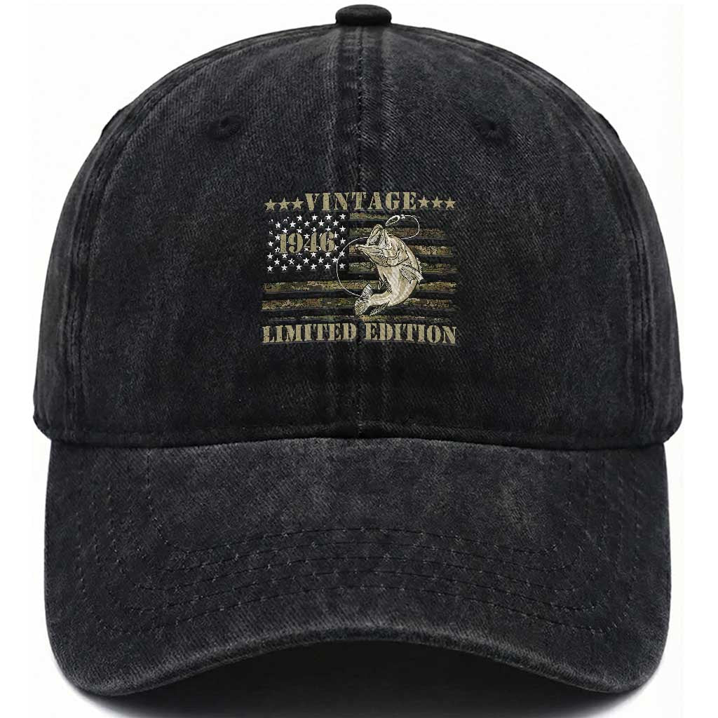 80th Birthday Fishing Vintage 1946 Limited Edition Washed Cotton Baseball Cap Bass Fishing Camouflage American Flag Fisherman Gift