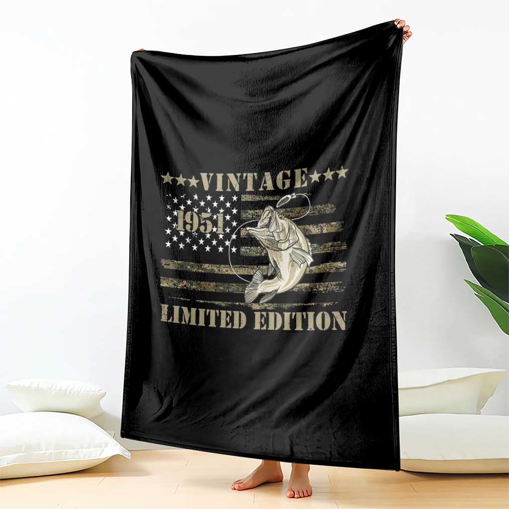 75th Birthday Fishing Vintage 1951 Limited Edition Throw Blanket Bass Fishing Camouflage American Flag Fisherman Gift
