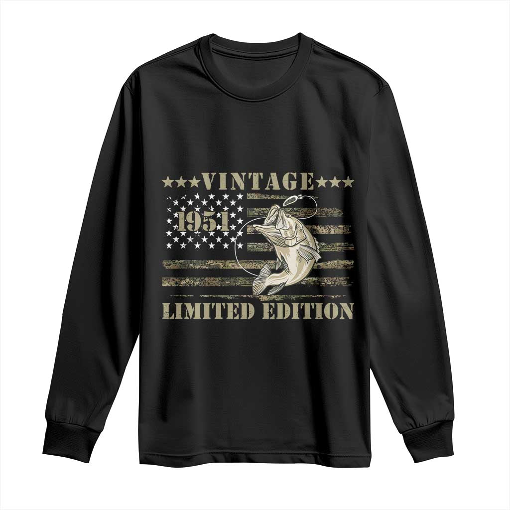 75th Birthday Fishing Vintage 1951 Limited Edition Long Sleeve Shirt Bass Fishing Camouflage American Flag Fisherman Gift