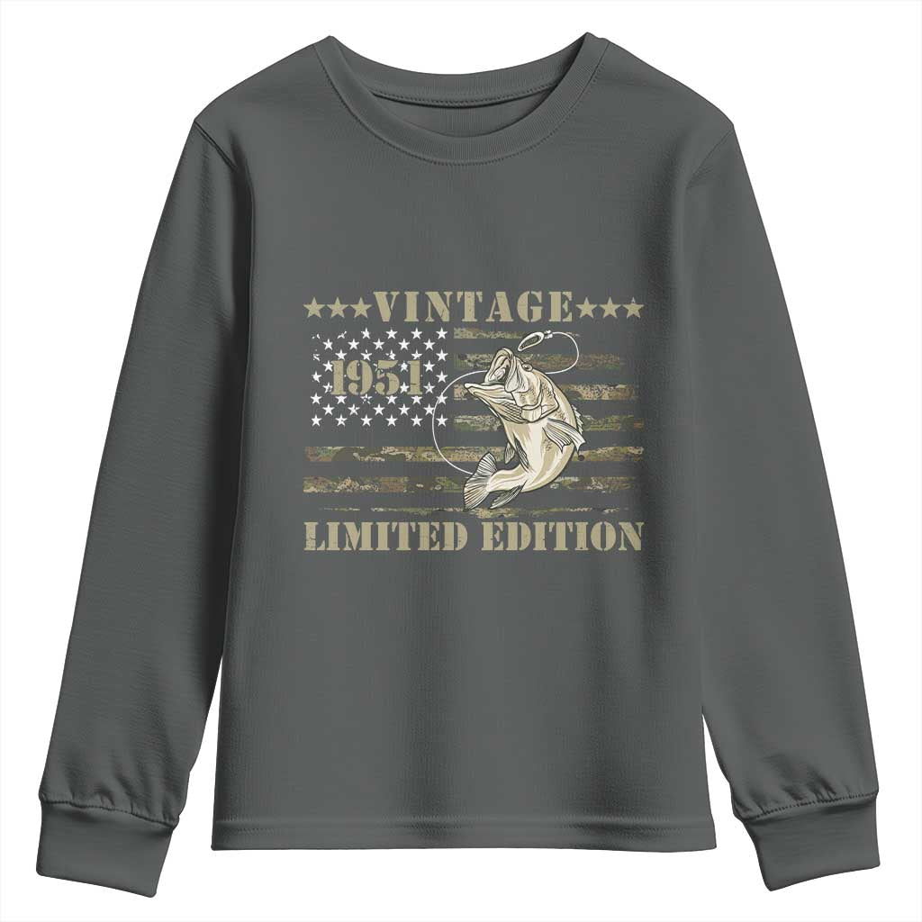 75th Birthday Fishing Vintage 1951 Limited Edition Youth Sweatshirt Bass Fishing Camouflage American Flag Fisherman Gift