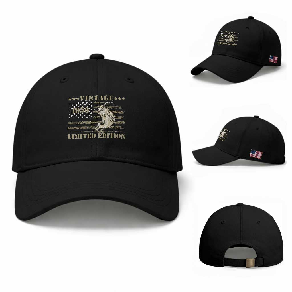 70th Birthday Fishing Vintage 1956 Limited Edition Baseball Cap Bass Fishing Camouflage American Flag Fisherman Gift