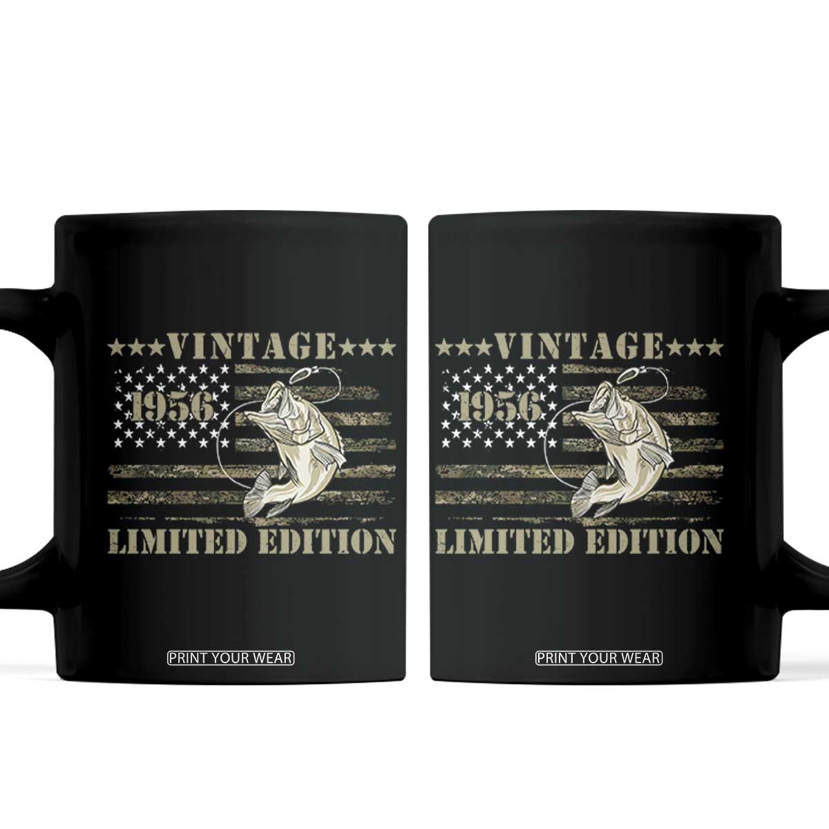 70th Birthday Fishing Vintage 1956 Limited Edition Coffee Mug Bass Fishing Camouflage American Flag Fisherman Gift