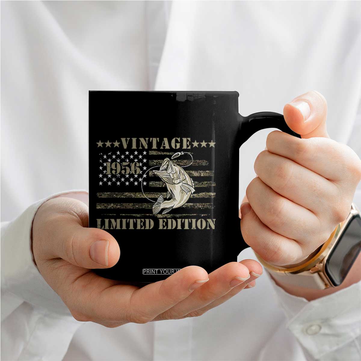 70th Birthday Fishing Vintage 1956 Limited Edition Coffee Mug Bass Fishing Camouflage American Flag Fisherman Gift