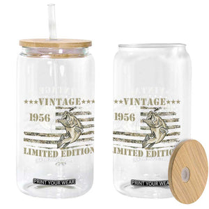 70th Birthday Fishing Vintage 1956 Limited Edition Glass Can Bass Fishing Camouflage American Flag Fisherman Gift