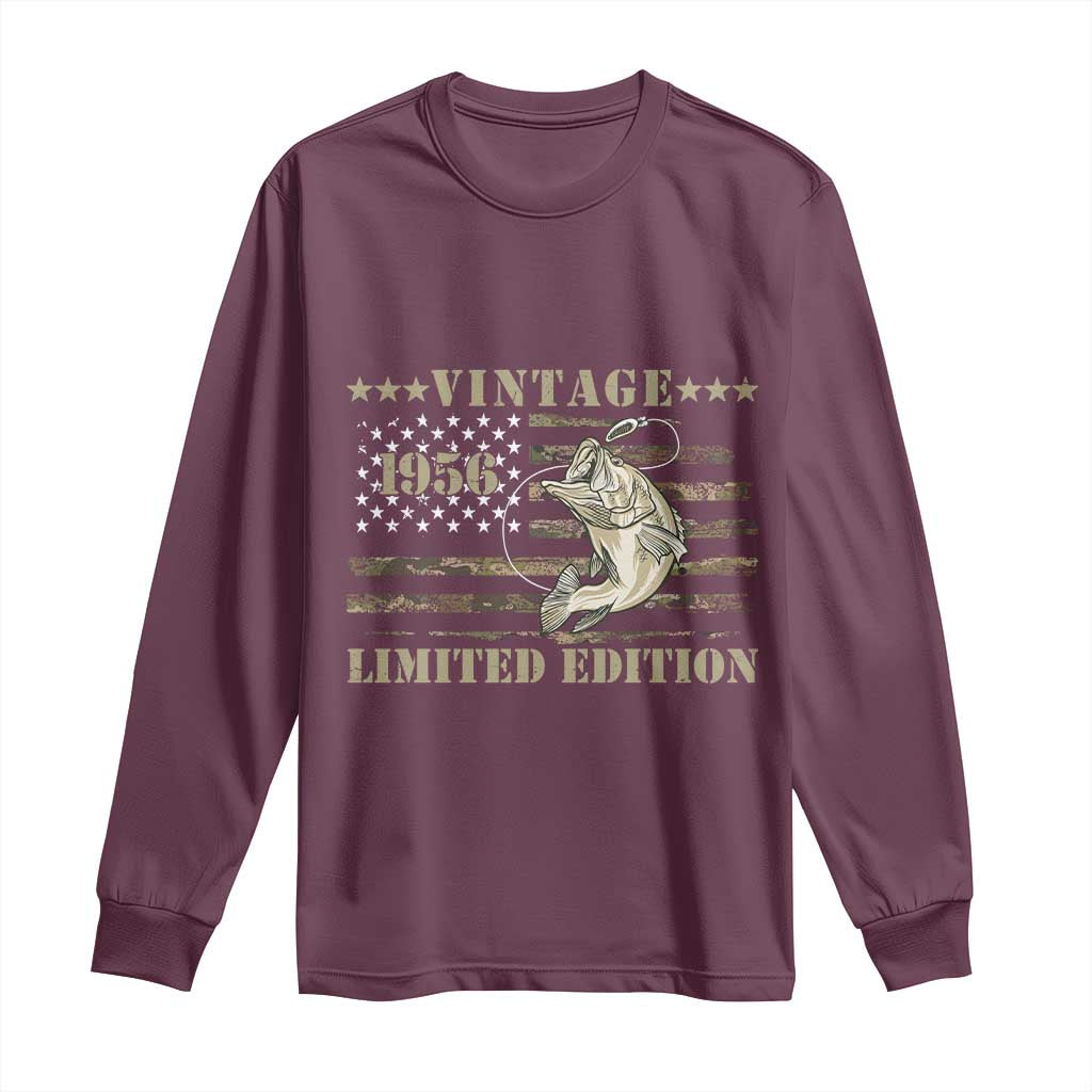 70th Birthday Fishing Vintage 1956 Limited Edition Long Sleeve Shirt Bass Fishing Camouflage American Flag Fisherman Gift