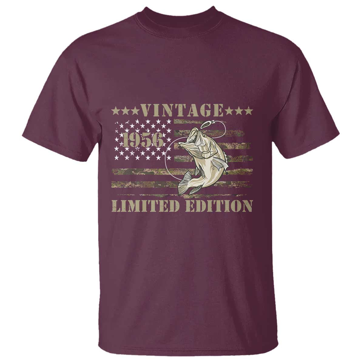 70th Birthday Fishing Vintage 1956 Limited Edition T Shirt Bass Fishing Camouflage American Flag Fisherman Gift