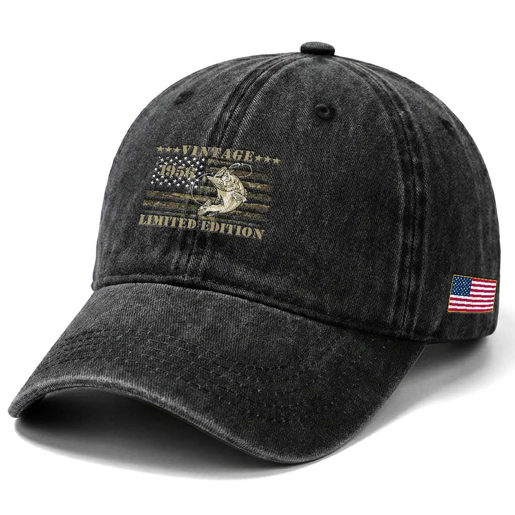70th Birthday Fishing Vintage 1956 Limited Edition Washed Cotton Baseball Cap Bass Fishing Camouflage American Flag Fisherman Gift