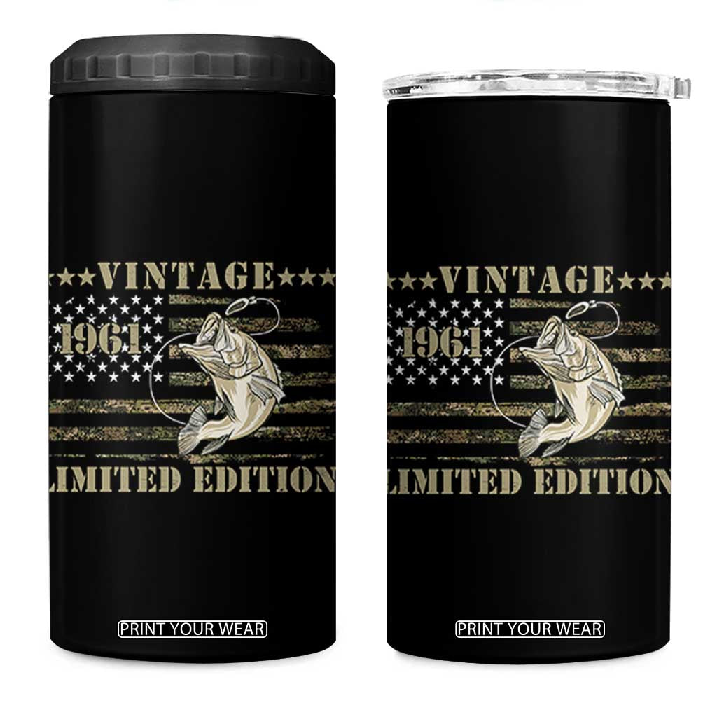 65th Birthday Fishing Vintage 1961 Limited Edition 4 in 1 Can Cooler Tumbler Bass Fishing Camouflage American Flag Fisherman Gift