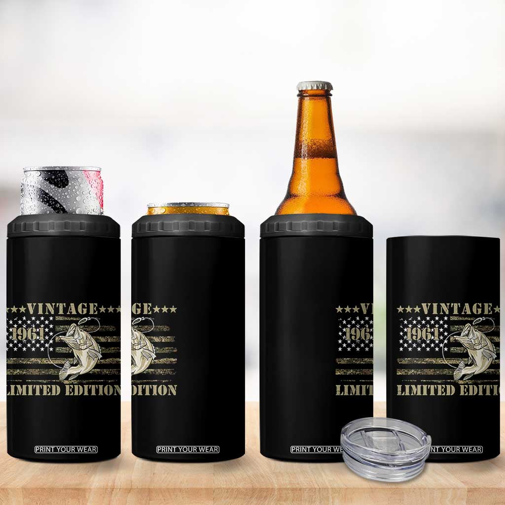 65th Birthday Fishing Vintage 1961 Limited Edition 4 in 1 Can Cooler Tumbler Bass Fishing Camouflage American Flag Fisherman Gift