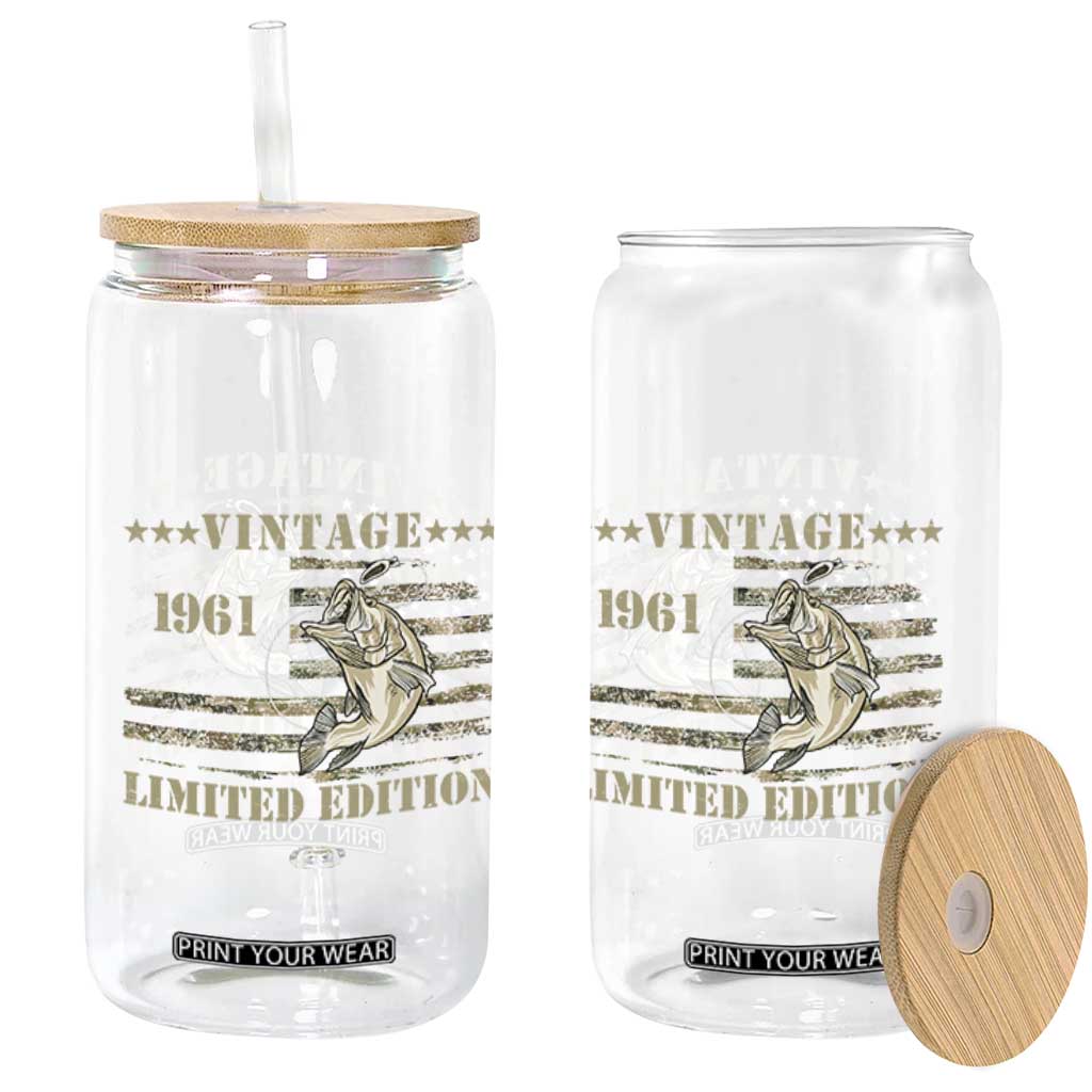 65th Birthday Fishing Vintage 1961 Limited Edition Glass Can Bass Fishing Camouflage American Flag Fisherman Gift