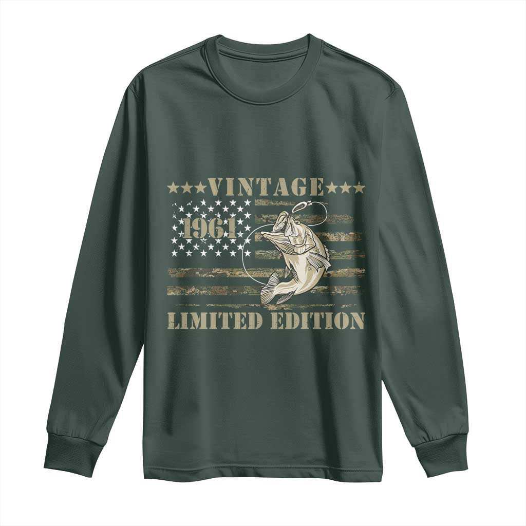 65th Birthday Fishing Vintage 1961 Limited Edition Long Sleeve Shirt Bass Fishing Camouflage American Flag Fisherman Gift